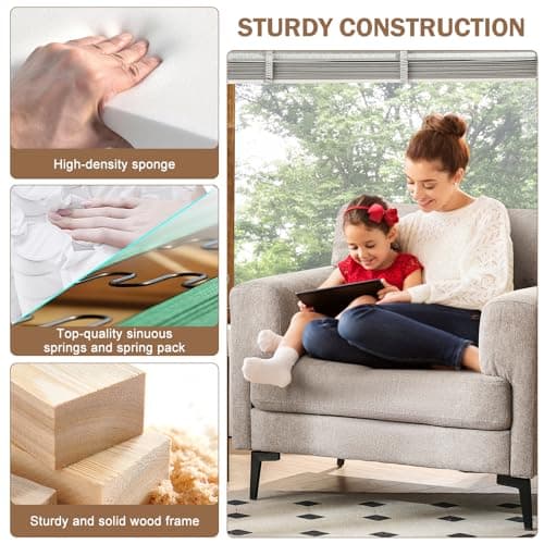 CDCASA Accent Chair, Linen Fabric Oversized Mid Century Modern Chair Set of 1, Comfy Upholstered Armchair Reading Accent Chairs Sofa Chairs for Bedroom Living Room, Light Brown 6