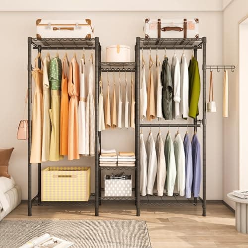 Exglobol Heavy Duty Garment Rack, Portable Wardrobe Clothes Rack Freestanding Adjustable Clothing Rack with 7 Tiers Adjustable Wire Shelving and 4 Hanger Rods, Max Load 920LBS 6