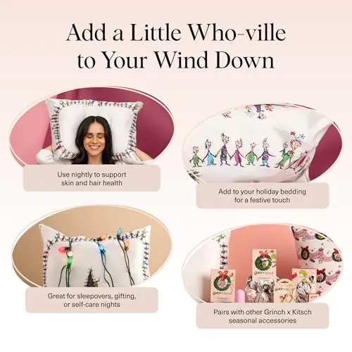 The Grinch x Kitsch Satin Pillowcase with Zipper for Hair & Skin - Softer Than Silk Pillow Cases, Machine Washable Cooling Satin Pillow Case, Wrinkle-Free Pillow Cases Standard Size 19x26, Who-Ville 6