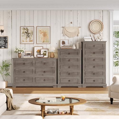 HOSTACK 6 Drawer Dresser for Bedroom, Modern Farmhouse Chest of Drawers, 47.2" Wide Wood Double Dresser, Rustic Brown Storage Cabinet for Living Room, Entryway, Hallway, Ash Grey 8