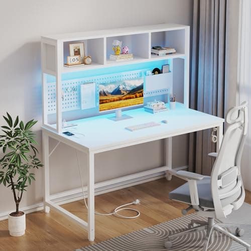 White Gaming Desk with Hutch and Pegboard - Computer Desk with Hutch, Power Outlet, 47 Inch Art Desk with Storage, Hooks, RGB and Side Bag, Writing Modern Study Teen Desks for Girl Bedroom Home Office 7