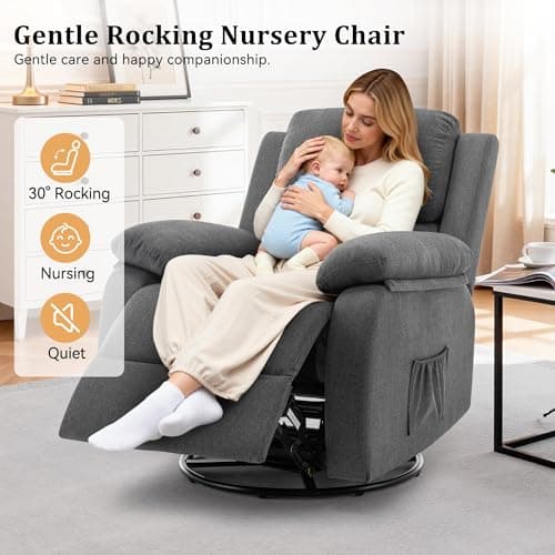 Korser Recliner Chair, 360 Swivel Rocker Chair for Adults, Small Rocking Recliner for Small Spaces, Upholstered Fabric Glider Recliner Nursery (Swivel Rocker Recliner, Grey) 5