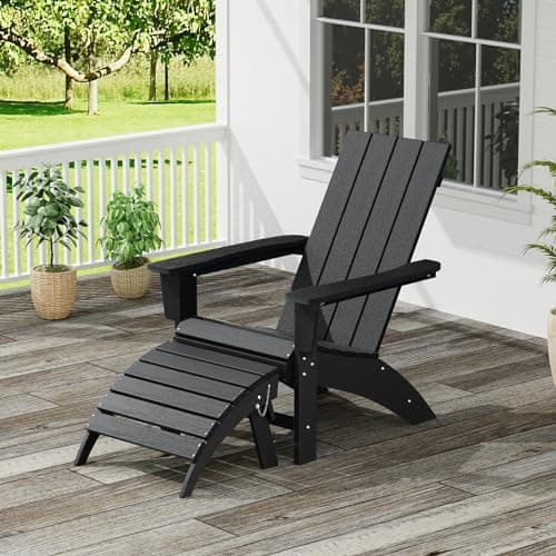 Adirondack Chair with Ottoman Weather Resistant Fire Pit Chairs with Footrest HDPE Outdoor Adirondack Chair for Patio Front Porch Pool Garden Deck Fire Pit Outside, Black