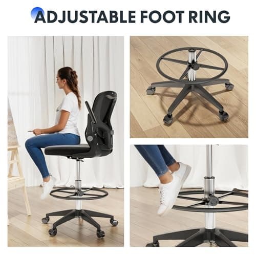 FLEXISPOT Big and Tall Mesh Office Drafting Chair, Comfortable Computer Chairs with Adjustable Lumbar Support and 3D Flip-Up Armrests, Standing Desk Chairs for Drawing Work(Black), TC1-NEW 7