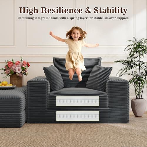 52" Boneless Chaise Lounge Chair Indoor — Oversized Cloud-Like Cozy Comfy Modular 3-in-1 Sofa Bed for Reading, Living Room & Bedroom Corduroy Couch Sleeper, Grey 5