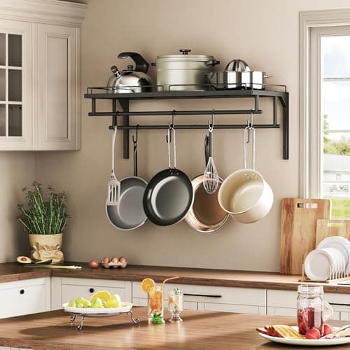 CHOEZON Hanging Pot Rack, Wall-Mounted Pot Rack, Kitchen Cookware Organizer, Metal Pot and pan Organizer Holder, for Cookware, Utensils Organization, Black TPR38BB 2