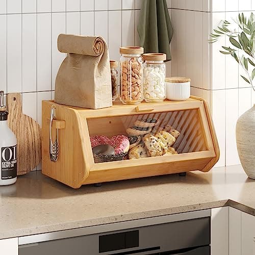AMBIRD Bamboo Bread Box keep The Bread Fresh For Kitchen Counter-Large Capacity Wooden Bread Storage Container Farmhouse Bread Box with Window Bread Holder 6
