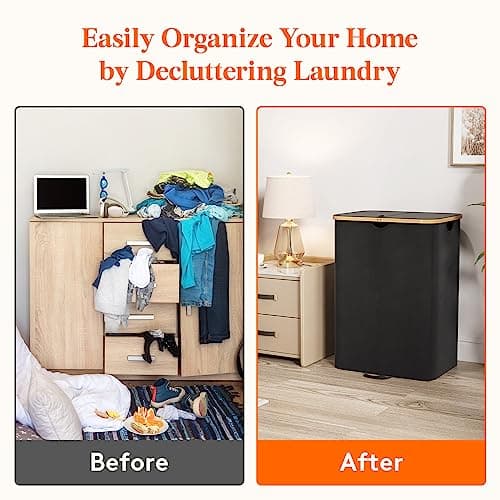 Lifewit 150L Double Laundry Hamper with Lid, Large Laundry Basket with Removable Bag & Bamboo Handles, Fodable Tall Dirty Clothes Hamper for Laundry Collapsible Bin for Bathroom Bedroom Dorm, Black 7