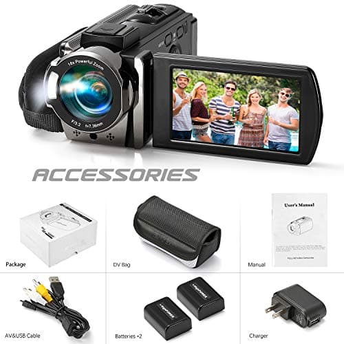 kimire Video Camera Camcorder Digital Camera Recorder Full HD 1080P 15FPS 24MP 3.0 Inch 270 Degree Rotation LCD 16X Digital Zoom Camcorder Camera with 2 Batteries(Black) 8