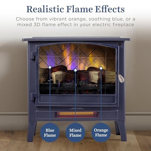 Country Living Infrared Freestanding Electric Fireplace Stove Heater in Navy Blue | Provides Supplemental Zone Heat with Remote, Multiple Flame Colors, Metal Design with Faux Wooden Logs 7