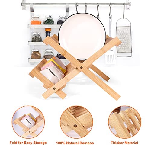 SZUAH Collapsible Bamboo Dish Drying Rack - 2 Tier Space Saving Kitchen Counter Organizer, Holds 19 Plates, Bowls & Utensils (17.8"x10.23"x9.25") 7