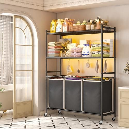 Raybee Laundry Sorter 3 Section Rolling Hamper Cart with Shelf 225L Large Basket Organizer Compartment Hampers for Room Organization and Storage Lockable Wheels, Black, W19R 8