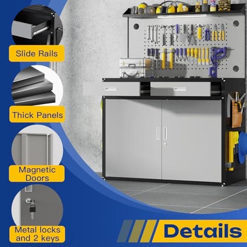 Eltean 48" Work Bench,Heavy Duty 2200 LBS Capacity Workbench with Drawers and Storage,Work Table with Light & Pegboard,Work Benches for Garage 6