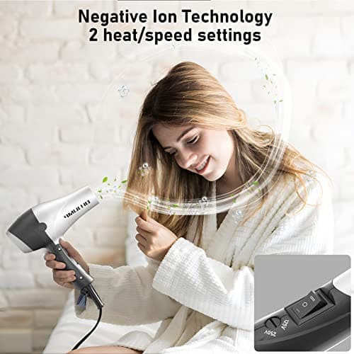 OHJUMP Travel Hair Dryer Blow Dryer with Diffuser, Portable Small Dual Voltage Compact Hairdryer, EU Plug, 1875W Powerful Fast Dry, Folding Handle, Diffuser Hair Dryer Silvery 5