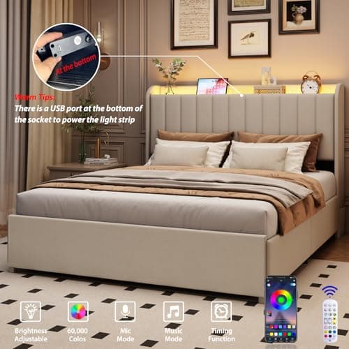 Queen Bed Frame with 4 Drawers and Storage Headboard, Upholstered Platform Bed Frame Queen Size with Led Lights and Handy Charging Station, No Box Spring Needed, Easy Assembly, Noise Free, Beige 5
