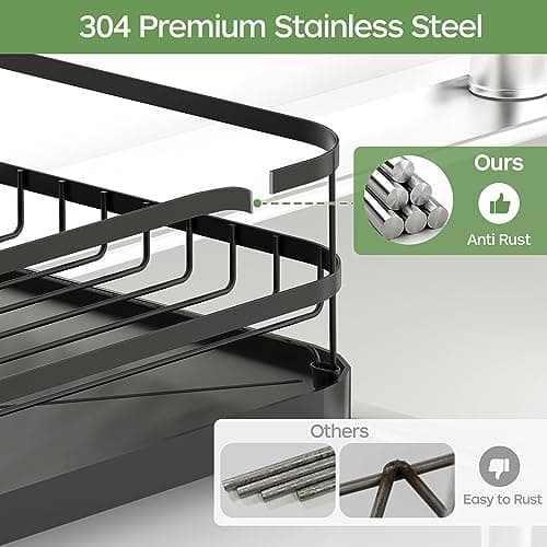 ROTTOGOON Dish Drying Rack, Stainless Steel Rustproof Dish Rack for Kitchen Counter, Sturdy Dish Drainer with Drainboard, Drainage, Utensil Holder for Various Kitchenware, 16.2"(L) x 12.6"(W), Black 5
