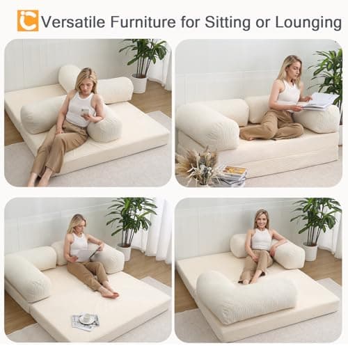COMAX 4‑in‑1 Futon Sofa Bed Queen – Floor Foldable Convertible Sofa Couch with L‑Shaped Armrests, Removable Cover, Convertible Guest Bed | Space‑Saving Fold‑Out Mattress Lounge for Living Room, Beige 5