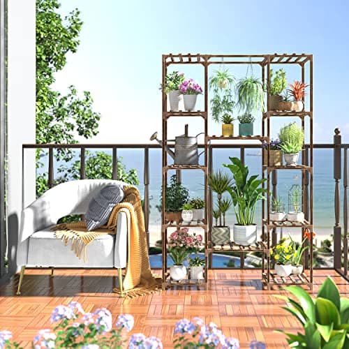 cfmour Plant Stand Indoor Outdoor, 12 Tiers 62.2" Tall Wood Plant Shelf for Multiple Plants Large Plant Holder Hanging Flower Shelves Rack for Patio Living Room Garden Balcony Boho 6