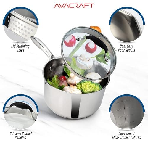 AVACRAFT Stainless Steel Saucepan with Glass Strainer Lid, Two Side Spouts for Easy Pour with Ergonomic Handle, Multipurpose Sauce Pot (5-Ply Capsule Bottom, 2.5 Quart) 6