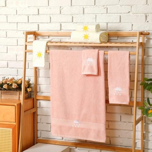 VitalCozy 6 Pcs Kids Girls Bath Towels Set 100% Cotton Cute Sun Cloud Bathroom Absorbent Soft Embroidered Decorative Baby Toddler Shower Towels for Kids Unisex Toddler Women(3 Sizes,Pink, Yellow) 7