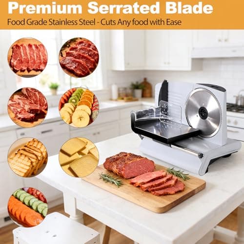 SUPER DEAL Premium Electric Food Meat Slicer - 7.5inch Stainless Steel Blade Home Kitchen Deli Meat Food Vegetable Cheese Cutter - Thickness Adjustable - Spacious Sliding Carriage - Easy to Clean 7