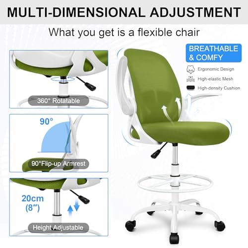 Primy Drafting Chair Tall Office Chair with Flip-up Armrests Executive Ergonomic Computer Standing Desk Chair with Lumbar Support and Adjustable Footrest Ring (AvocadoGreen) 5