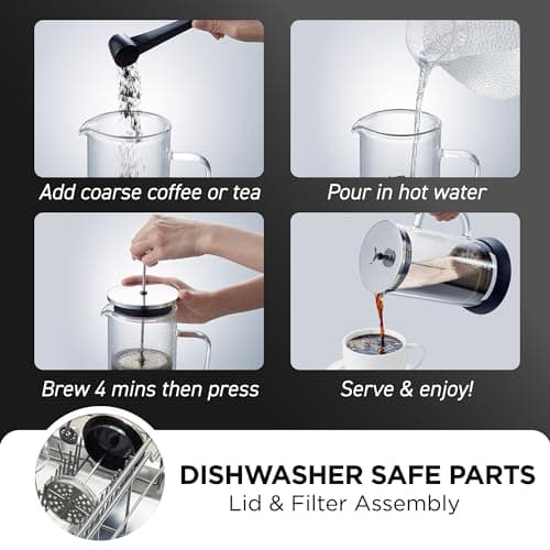 Elite Gourmet FP1223X French Press 34-Ounce, Double Wall Insulated Heavy Duty Thick High-Heat Borosilicate Glass, BPA-Free, Cold Brew Coffee Maker, 1-Liter 7