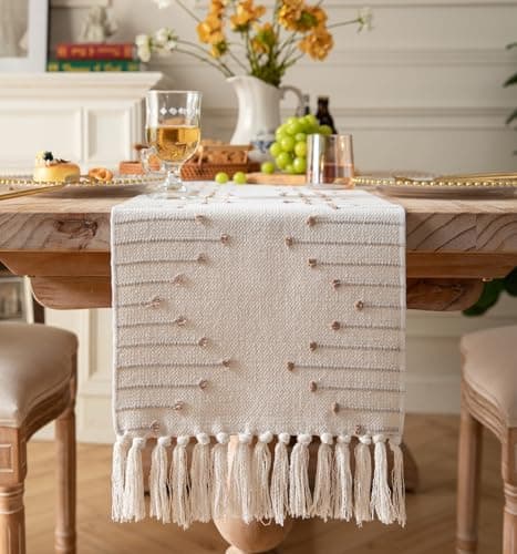 Boho Table Runner 13 x 90 Inch Long Natural Cotton Woven Runner with Tassels for Home Dining Table décor, for Modern Farmhouse Decor Coffee Table Runner, Taupe and Beige