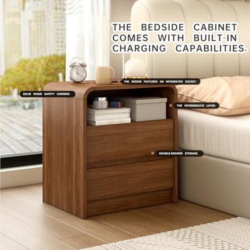 Messenya Modern Nightstand, 23.6-Inch Wide with Charging Station & Curved Anti-Collision Design, Mid-Century Storage Cabinet, Pre-Embedded Slots, Sturdy & Reusable, Ideal for Dorm, Sofa, or Office (2) 5