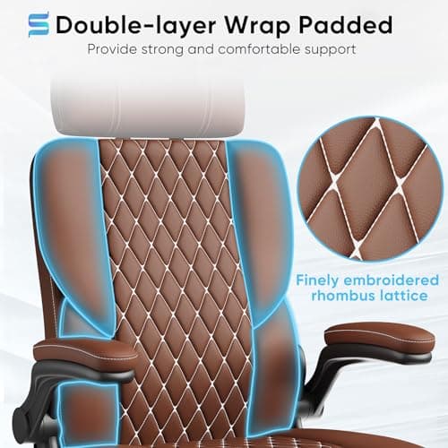 Sytas Executive Leather Office Chair, Comfy Desk Chair with Adjustable Headrest & Flip-up Padded Arms & Lumbar Support, Adjustable Hight and Tilt, Rolling Swivel, Brown 5