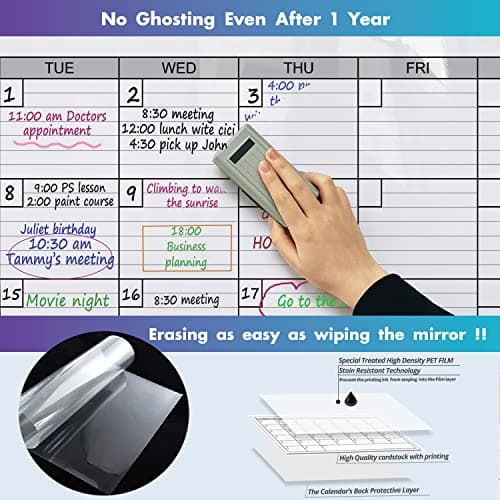 Dry Erase Monthly Extra Large White Board Calendar for Wall, 38" by 50", Jumbo Laminated Erasable One Month Whiteboard Calendar, Huge Oversized Blank 30-Day Poster with Lines and Squares 6