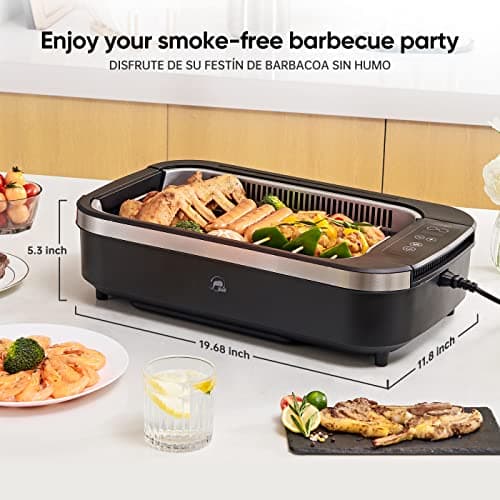 X&E Smokeless Indoor Grill, 1500W Non-Stick Removable Grill Rack & Pan, Adjustable Temperature up to 450°F, Fast Heat Up, Dishwasher Safe, Ideal for Steaks, Burgers, Fish & Veggies, Serves 5 People 6