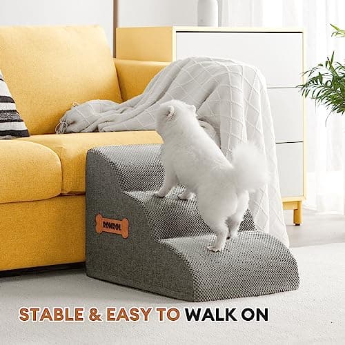 High Density Foam Dog Stairs Ramp for Beds Couches, Romrol Extra Wide Pet Steps with Durable Non-Slip Waterproof Fabric Cover, Dog Slope Stairs Friendly to Small Dogs and Cats or Pets Joints, 3-Tiers 7