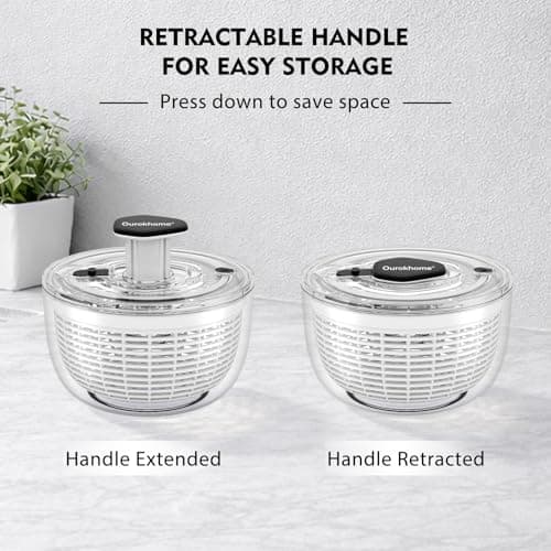 Ourokhome Salad Spinner Lettuce Dryer, One-handed Easy Press Large Vegetable Dryer Salad Mixer with Comfortable and Retractable Pusher and Brake Button for Greens, Herb, Berry, Fruits, 3.8 QT, Black 7