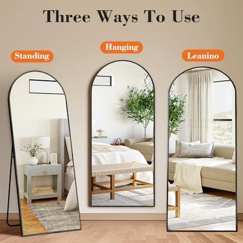 DUMOS Arched Full Length Mirror with Stand 64"x21" Floor Standing Aluminum Frame for Bedroom Body Hanging Leaning Modern Simple Home Decor Shatter-proorf Nano Glass Wall Living Room Cloakroom Black 3