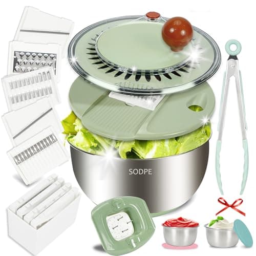 SODPE Stainless Steel Salad Spinner Large with 5 Blades Slicer, Lettuce Washer Spinner and Dryer, Vegetable Fruits Chopper Bowl, Egg Yolk Strainer Comes with Dipping Saucers and Clip, 5.3Qt