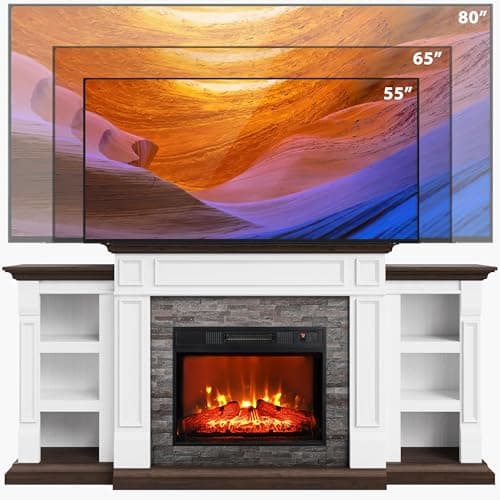 Naice 72" Electric Fireplace with Mantel and Cabinets, Fireplace TV Stand for Living Room Bedroom, Stacked Stone Surround and Remote Control 3D Realistic Flame 6