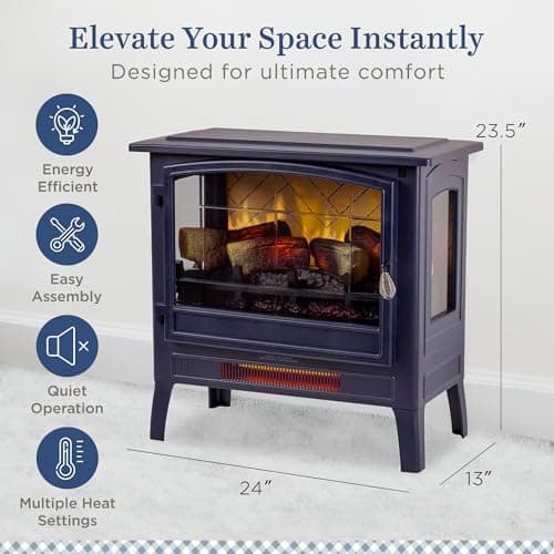 Country Living Infrared Freestanding Electric Fireplace Stove Heater in Navy Blue | Provides Supplemental Zone Heat with Remote, Multiple Flame Colors, Metal Design with Faux Wooden Logs 6