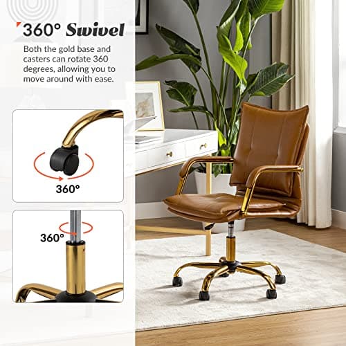 HULALA HOME Faux Leather Home Office Desk Chair, Adjustable Swivel Computer Chair with Golden Legs and Arms, Comfy Upholstered Task Chair,Camel 5
