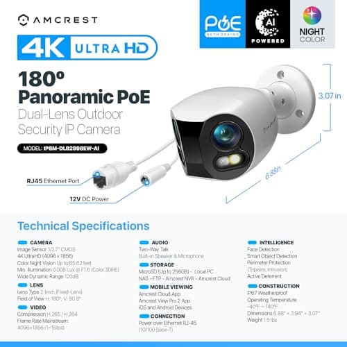 Amcrest Dual-Lens 4K (8MP) Outdoor Security POE Camera, 2 x 4MP Lenses PoE AI Bullet IP Camera, 65ft Night Color, Face Detection, Panoramic 180° FOV, 4K@15fps IP8M-DLB2998EW-AI (White) 8