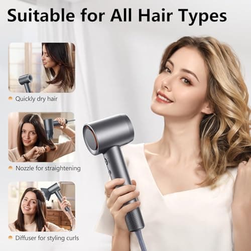 Hair Dryer - 1 Min Fast Drying, High-Speed Blow Dryer with 500 Million Negative Ions, No Heat Damage, Low Noise, Lightweight, Professional Hairdryer with Diffuser & Nozzle, Gunmetal 7