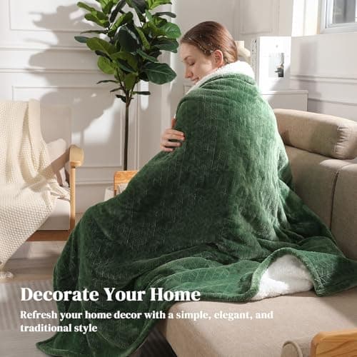 Electric Throw Blanket Heated Throw 50''x60''- Wheat Pattern Flannel & Sherpa Heated Lap Blanket with 5 Heat Settings & 4-Hour Auto Shut-Off, ETL & FCC Certified, Machine Washable Home Use, Green 5