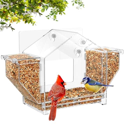 Upgraded Window Bird Feeder with Dual Side Hoppers – High Capacity Outside Birdfeeder for Window – Strong Suction Cups & Adhesive Options, Close-up Viewing for Indoor Cats & Seniors, Ideal Nature Gift