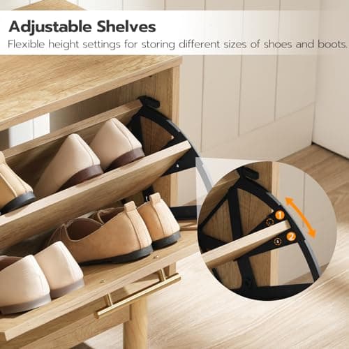 HOOBRO Shoe Storage Bench Entryway, Rattan-Like Shoe Bench with Flip Drawers, Narrow Shoe Rack Bench, Shoe Cabinet with Rattan Doors, Wooden Shoe Organizer for Entryway Hallway, Natural NL51HX01 6