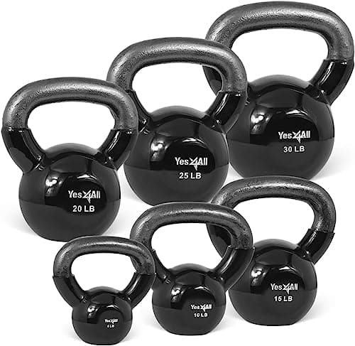 Yes4All Kettlebells 5 10 15 20 25 30 lbs Set Weight Vinyl Coated Cast Iron for Dumbbell Weights Exercises, Gym, Fitness, Full Body Workout Equipment Push up, Grip and Strength, Black
