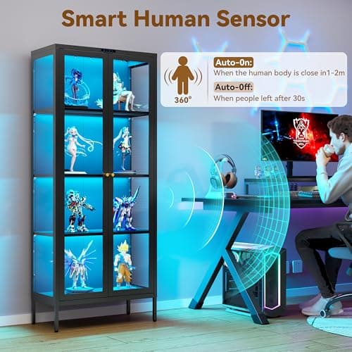 Polup Glass Display Cabinet with 8-Color LED Lights, Black Curio Cabinet with Glass Doors, 66 Inch Tall Display Case for Collectibles, Metal Storage Cabinet for Living Room, Assembly Required 5