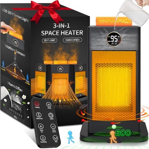 Space Heater with Humidifier, 1500W Space Heaters for Indoor Use with Mostion Sensor, Office Heater with Thermostat, Quiet Heater/12H Timer/90°Oscillation, Portable Safety Heater for Bedroom/Office