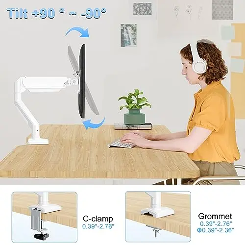 ErgoFocus Single Monitor Mount Arm Fits up to 32 Inch, Desk Mount Holds 4.4-19.8lbs Computer Screen, Full Motion Gas Spring,VESA, White 5