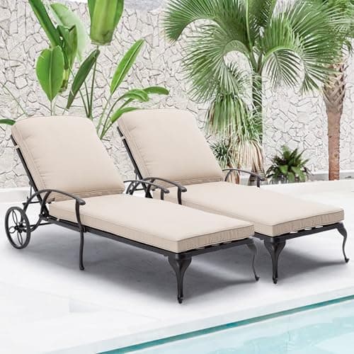 HOMEFUN Chaise Lounge Chair Outdoor - Poolside Chairs Set of 2 with Cushion Cast Aluminum Waterproof Lounger with Wheels and Adjustable Reclining, Pack of 2 (Beige Cushion)
