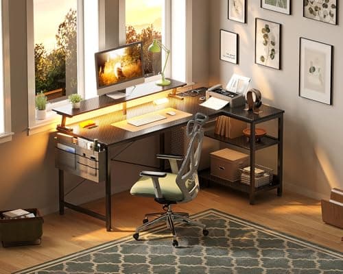 ODK 48 Inch Gaming Desk with USB Charging Ports and LED Lights, Reversible L Shaped Computer Desk with Storage Shelves & Monitor Stand, Corner Gamer Desk Table with Power Outlets, Black 9